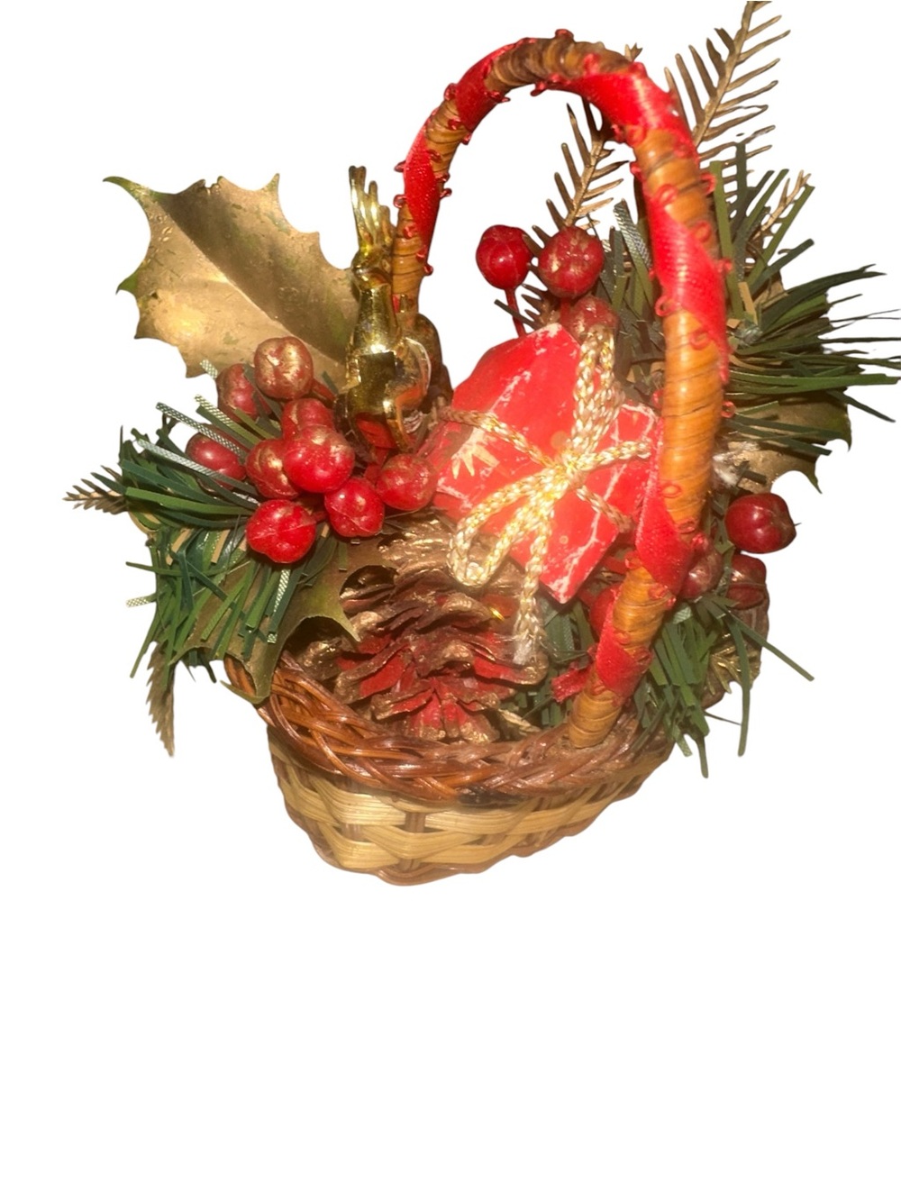Vintage Small Christmas Basket Ornament, Woven Rattan, Pinecone, Wax Berries
